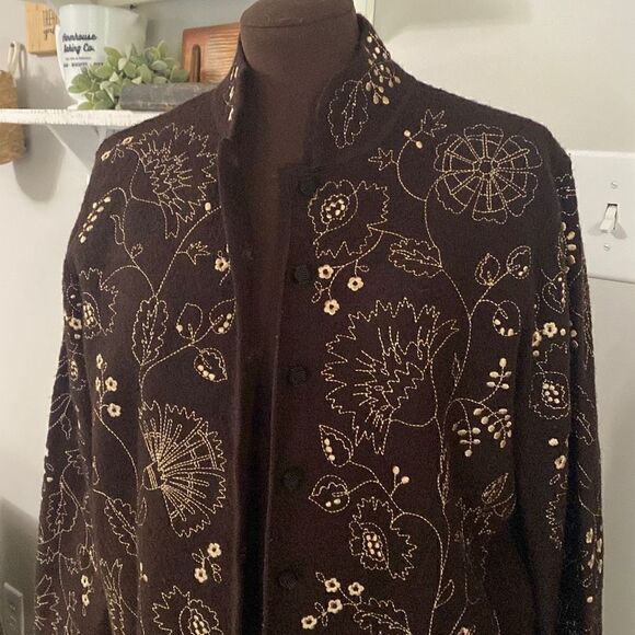 Cambridge Dry Goods brown wool jacket blazer coat embroidered size small - Picture 2 of 13